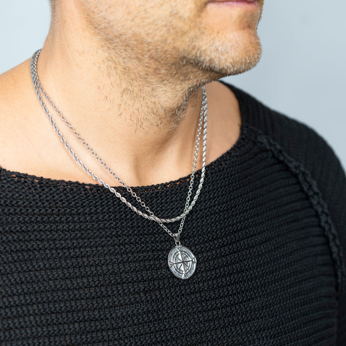 Silver Compass Inlay Men's Silver Pendant Necklace | Compass | Atolio Vegas